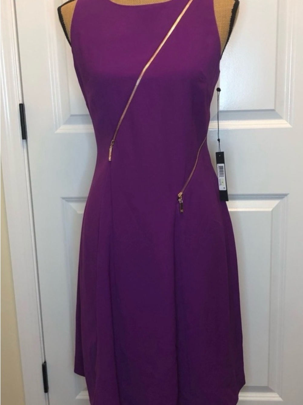 Ivanka Trump Purple Sleeveless Midi Dress with Diagonal Gold Zipper Detail